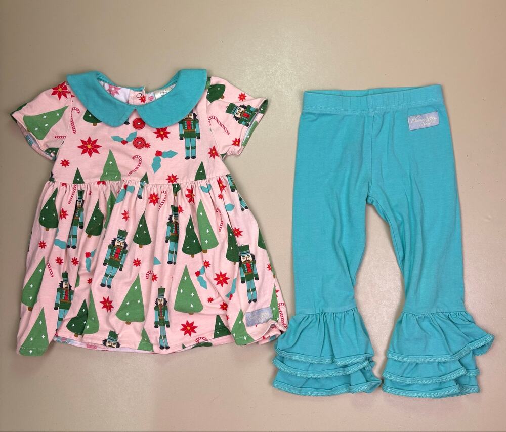 Eleanor Rose Girls Size 2 Christmas Nutcracker Dress Teal Ruffle Leggings Set